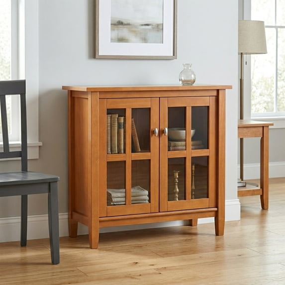 Simpli Home Warm Shaker 32 inch Wide Solid Wood Transitional Low Storage Cabinet in Light Golden Brown