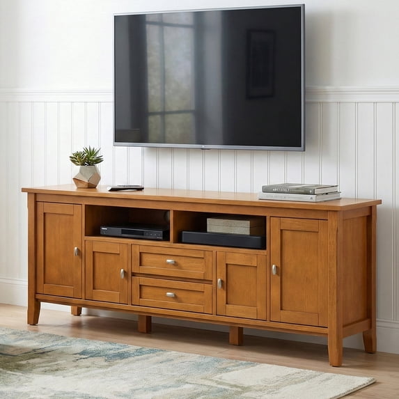Simpli Home Simpli Home Warm Shaker 72 inch Wide Solid Wood Transitional TV Stand in Light Golden Brown For TVs up to 80 inches