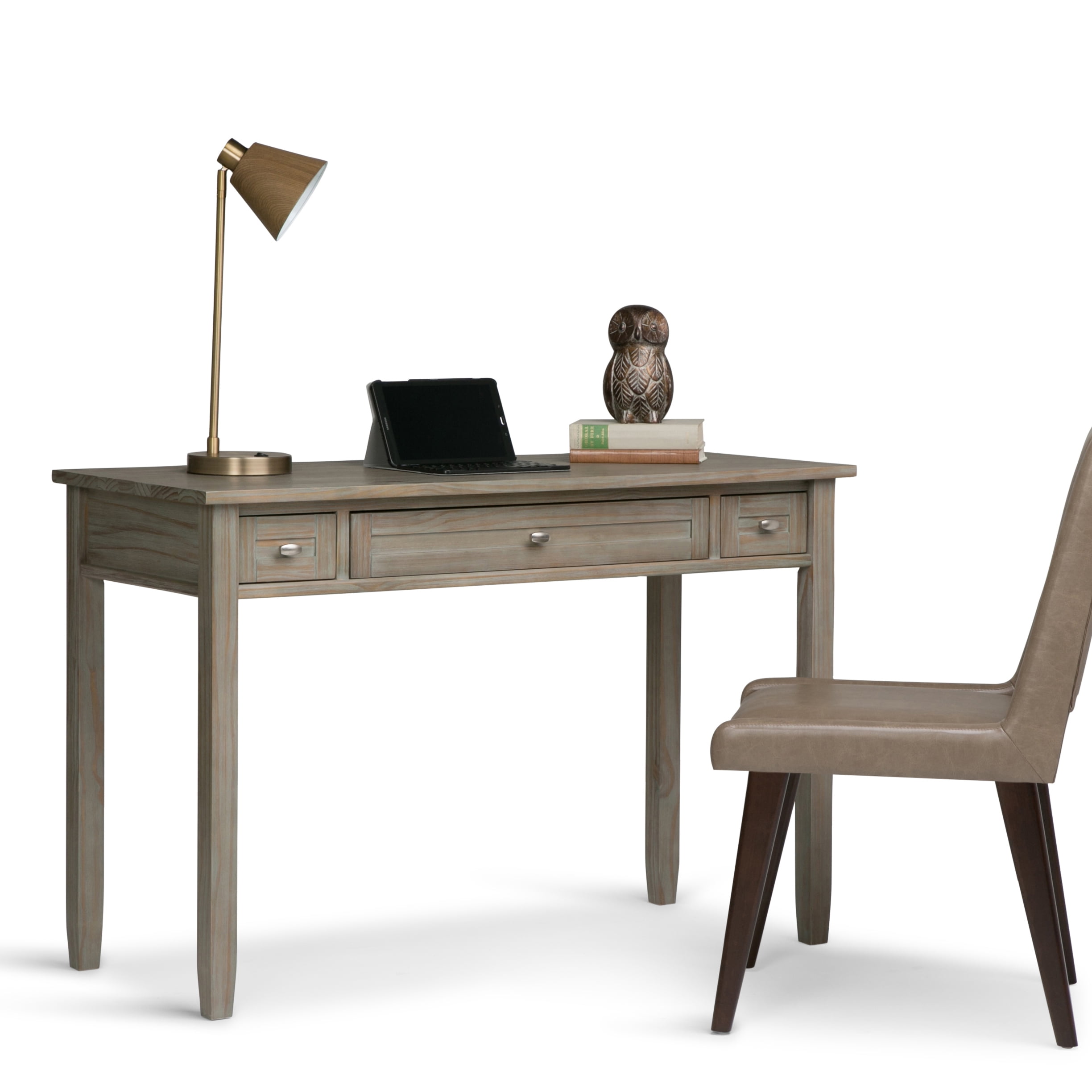 Distressed Grey Solid Wood Desk with Slide-Out Keyboard Tray
