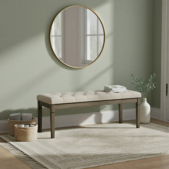Simpli Home Waverly 48 inch Wide Solid Wood Rectangular Tufted Upholstered Ottoman Bench, Wheat Beige