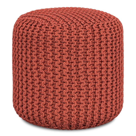 Simpli Home Wynne 18 inch Wide Boho Round Knitted Pouf in Orange PET Polyester