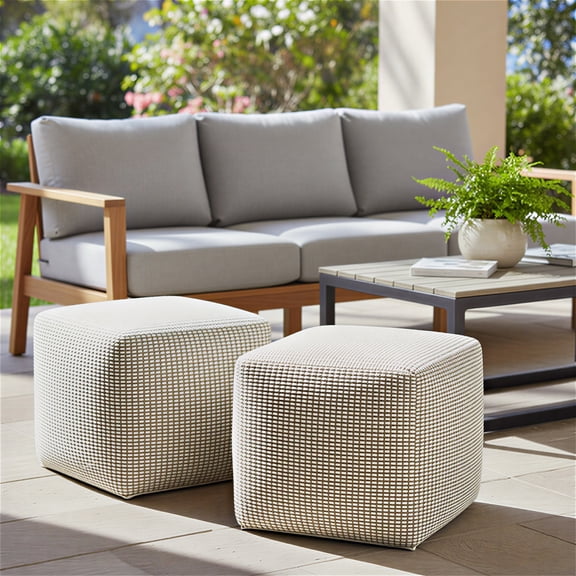 Simpli Home Zelma 18 inch Wide Square Pouf Ottoman, Dune Beige Recycled PET Polyester