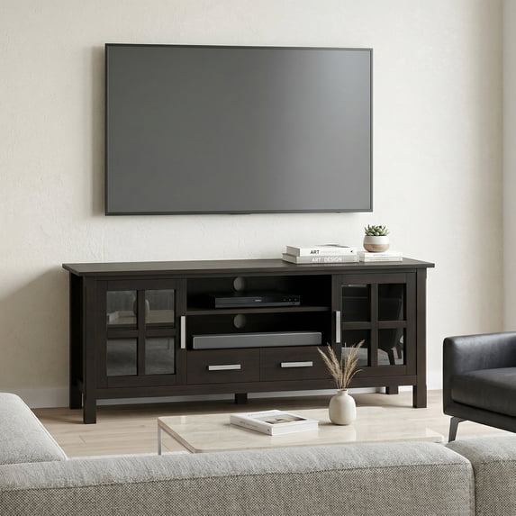 Simpli Kitchener 60" Wide Wood TV Media Stand For TVs upto 65" in Hickory Brown