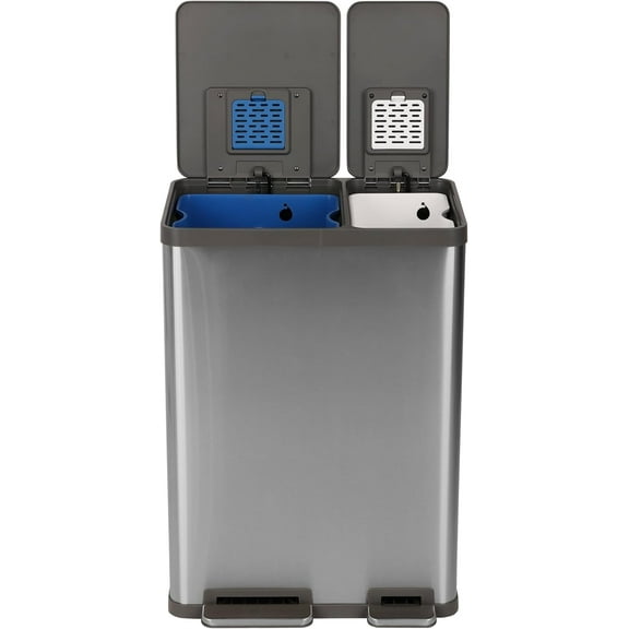 Simpli-Magic 16 Gallon (38L x 22L) Dual Compartment Step Trash Can Kitchen Garbage Can with Waste & Recycling Bins Slow-Close Lid, Odor Control, Hands-Free, Easy to Clean, Brushed Stainless Steel