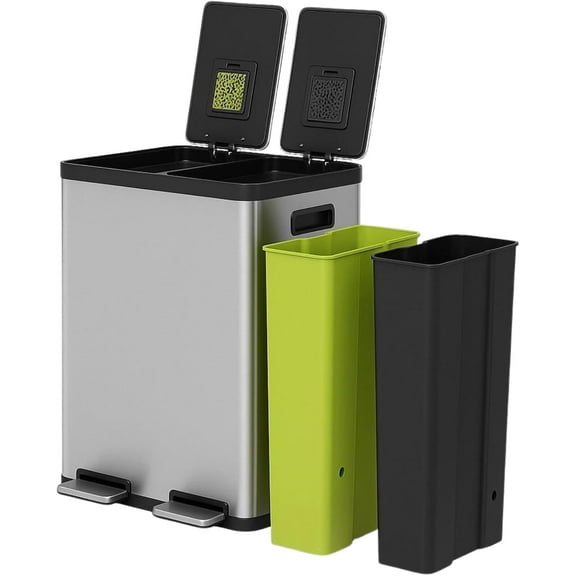 Simpli-Magic 16 Gallon (60L) Step Trash Can Dual Compartment Kitchen Garbage Can with Waste & Recycling Bins Slow-Close Lid, Odor Control, Hands-Free, Inner Bases, Premium Stainless Steel