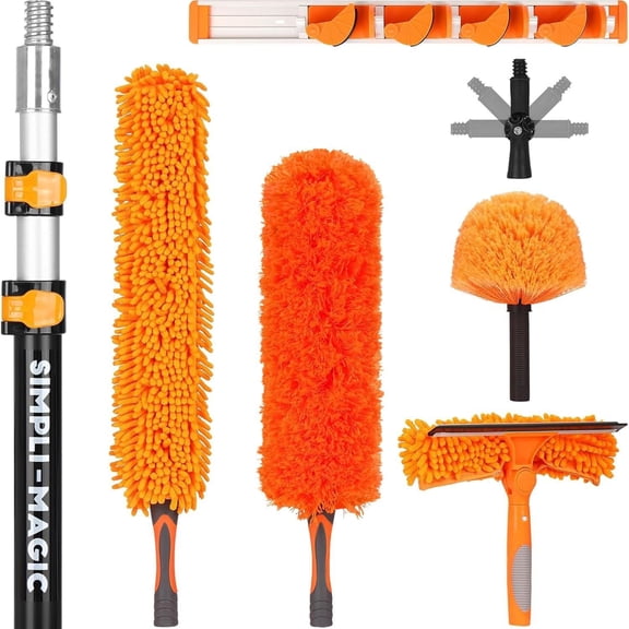 Simpli-Magic Cleaning Kit with Extension Pole (512 ft) Duster, Cobweb Remover & Squeegee, 20 ft Max Reach for Household, RV & Car Use