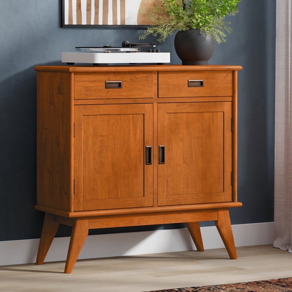 Simpli Home Draper 36 inch Wide Solid Wood Mid Century Modern Entryway Storage Cabinet in Teak Brown