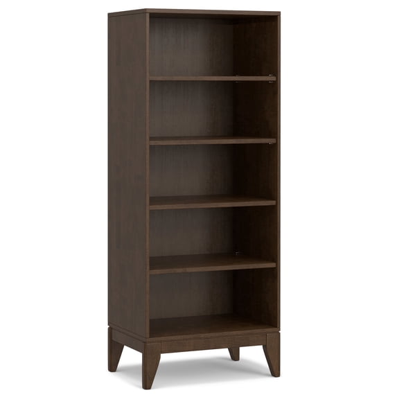 Simpli Home Harper 66 inch x 24 inch Solid Wood Mid Century Modern 5 Shelf Bookcase in Walnut Brown