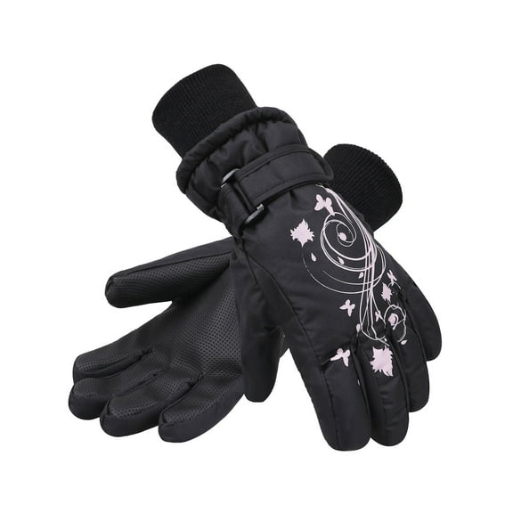 SimpliKids Girl's Waterproof 3M Thinsulate Winter Ski & Snowboard Gloves, Butterfly Print,S,Black