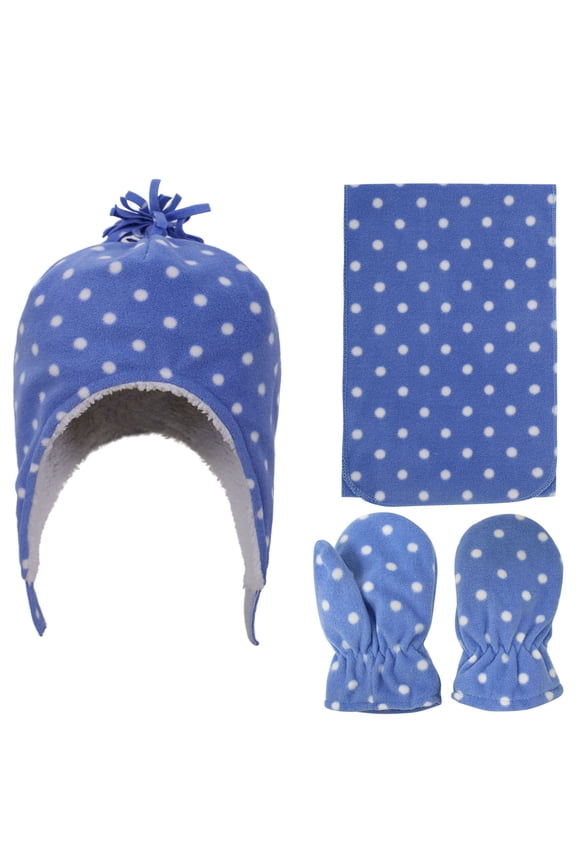 Multi-Patterned Fleece Hat, Scarf & Glove Set, Dots Print, 5-7 Year
