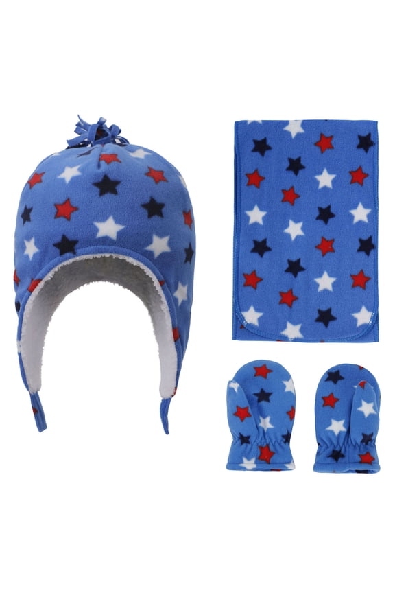 Multi-Patterned Fleece Hat, Scarf & Glove Set, Star Print, 5-7 Year