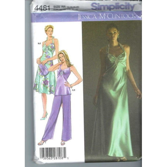 Simplicity 4481 JESSICA McCLINTOCK Bias Halter Dress Tunic Pants Size 14, 16, 18, 20 FF