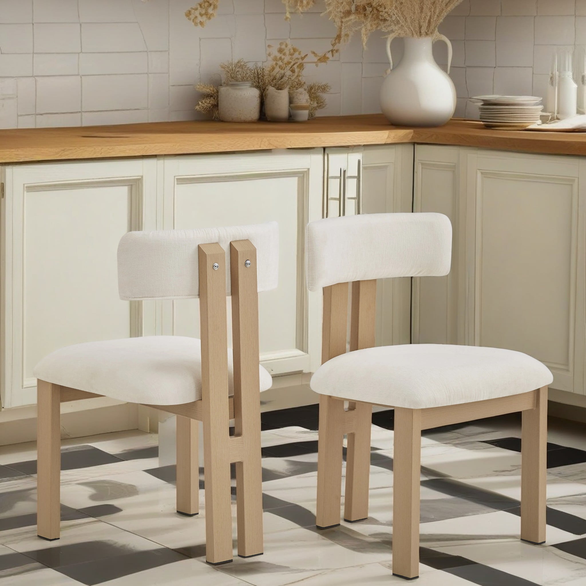 Simplicity Armless Dining Chairs with U-Shaped Seats & Metal Legs, Beige+Natural, Set of 2