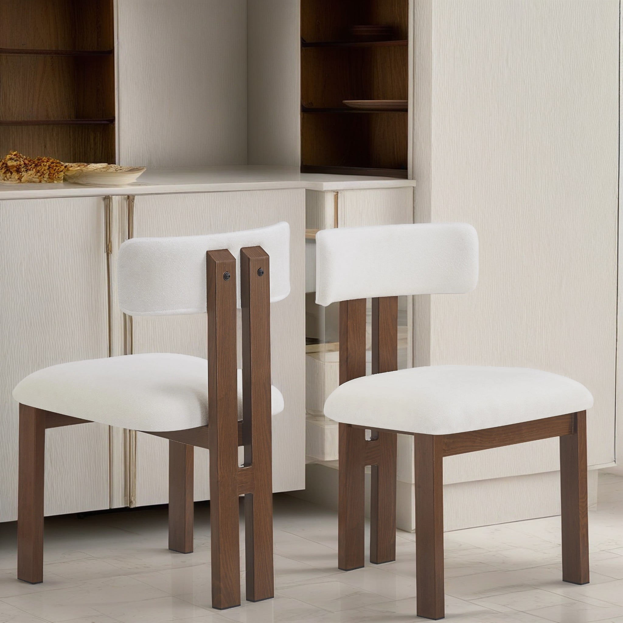 Simplicity Armless Dining Chairs with U-Shaped Seats & Metal Legs, White+Dark Brown, Set of 2