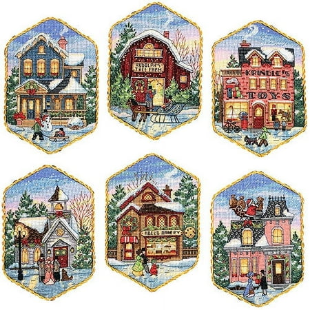 Simplicity Christmas Village Ornaments Counted Cross Stitch Kit by Dimensions, Set of Six Oranments, 3.5x5.5 Inches Each