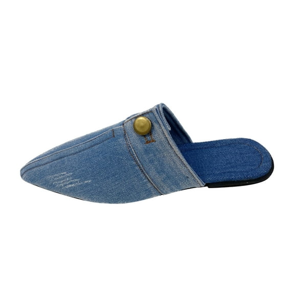 Simplicity Lady Shoes Ladies Fashion Solid Color Denim Half Slippers Pointed Toe Flat Casual Shoes