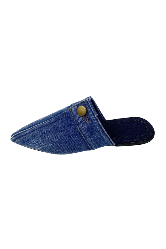 Simplicity Lady Shoes Ladies Fashion Solid Color Denim Half Slippers Pointed Toe Flat Casual Shoes