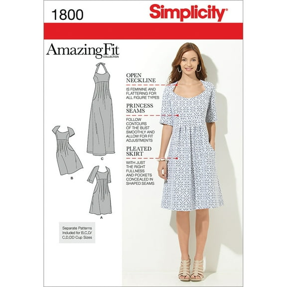 Simplicity Misses' Size 10-18 Amazing Fit Dress Pattern, 1 Each