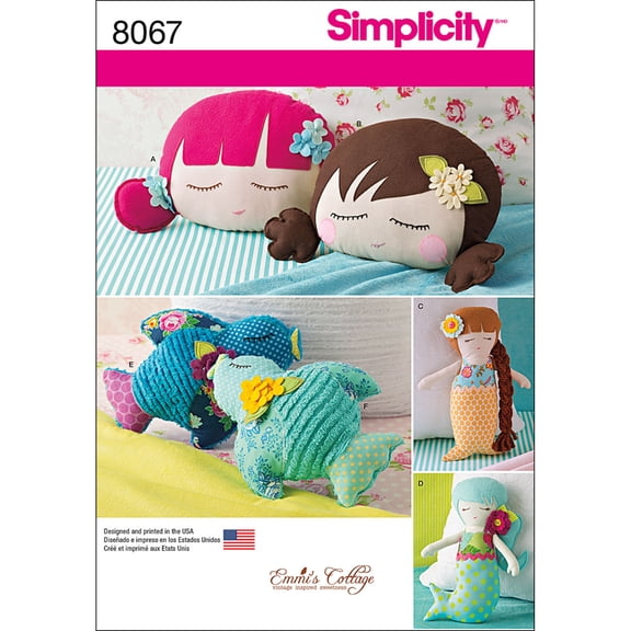 Simplicity One Size Stuffed Doll Face, Mermaids & Bird Pillows Pattern, 1 Each