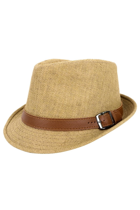 Panama Style Fedora Straw Sun Hat with Leather Belt,Khaki SM