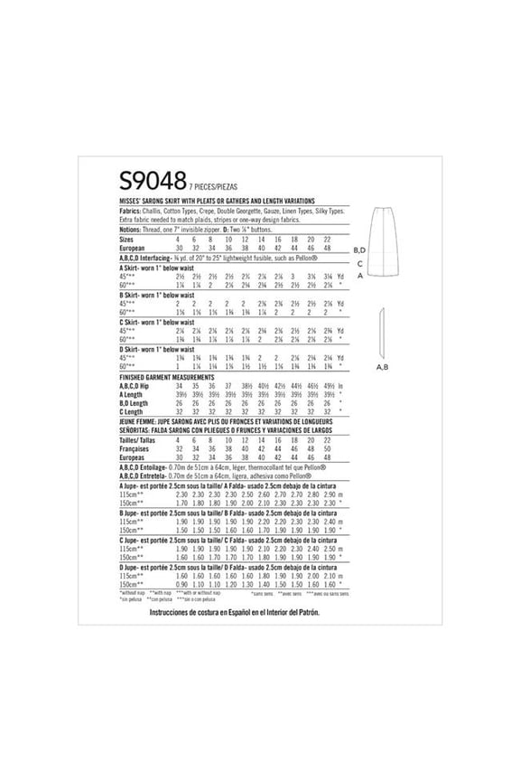 Simplicity Patterns SS9048D5 4-12 Misses Sarong Skirt with Pleats & Gather