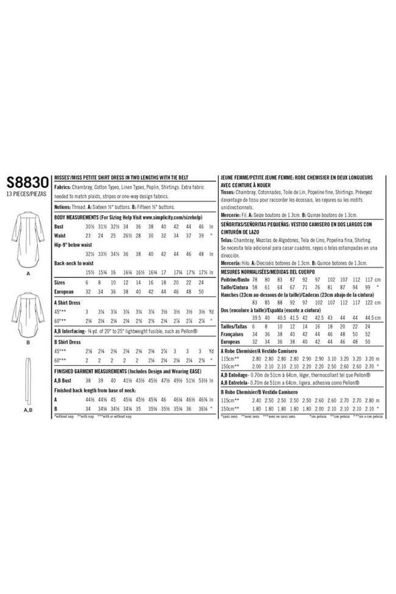 Patterns US8830H5 6-12 Mimi G Miss Petite Shirt Dresses