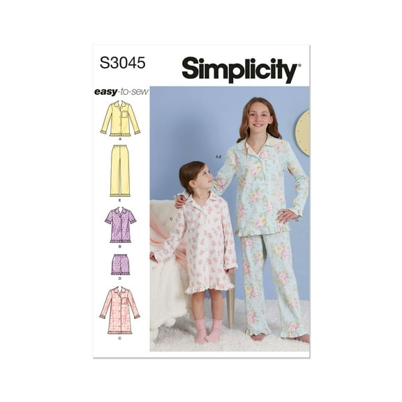 Simplicity Sewing Pattern 3045 - Children's and Girls' Lounge Tops, Gown, Shorts and Pants, Size: K5 (7-8-10-12-14)