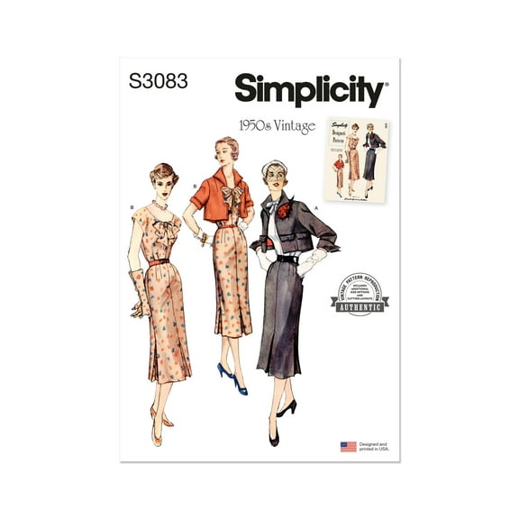 Simplicity Sewing Pattern 3083 - 1950s Misses' Dress and Jacket, Size: K5 (8-10-12-14-16)