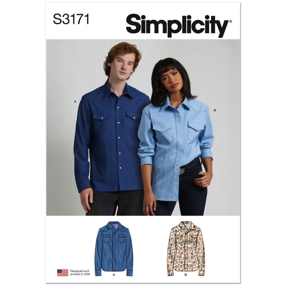 Simplicity Sewing Pattern 3171 - Unisex Western Style Shirt, Size: A (XS-S-M-L-XL-XXL)