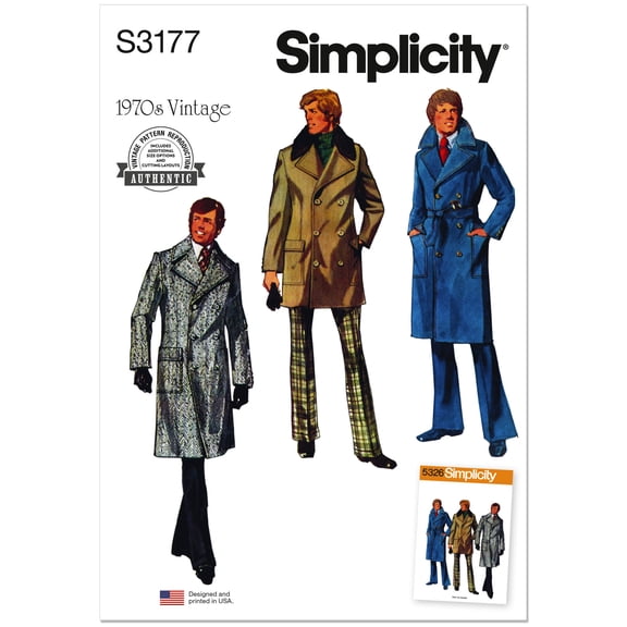 Simplicity Sewing Pattern 3177 - 1970's Men's Overcoat in Two Lengths, Size: BB (44-52)