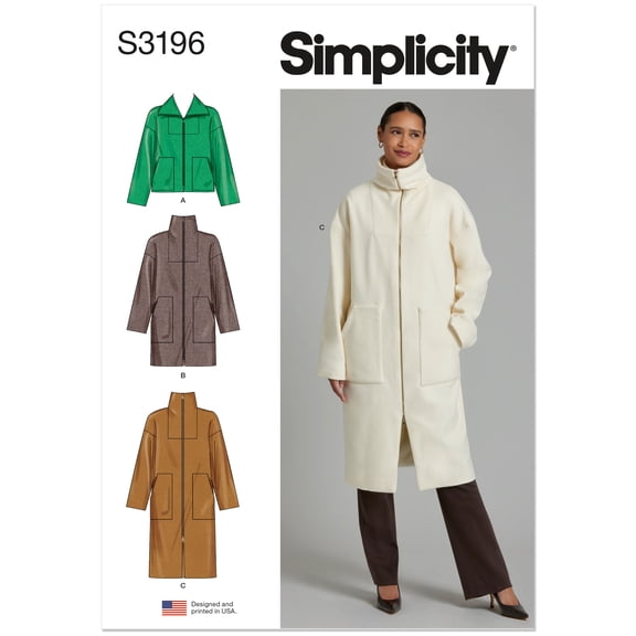 Simplicity Sewing Pattern 3196 - Misses' High Collar Coat in Three Lengths, Size: K5 (8-10-12-14-16)
