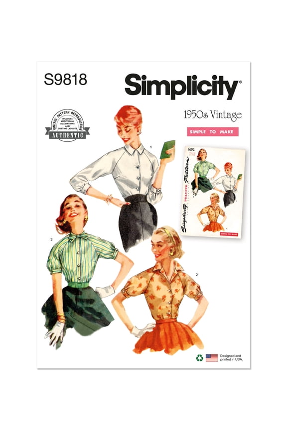 Sewing Pattern 9818 - Misses' Blouses, Vintage 1950's "Simple To Make", Size: H5 (6-8-10-12-14)