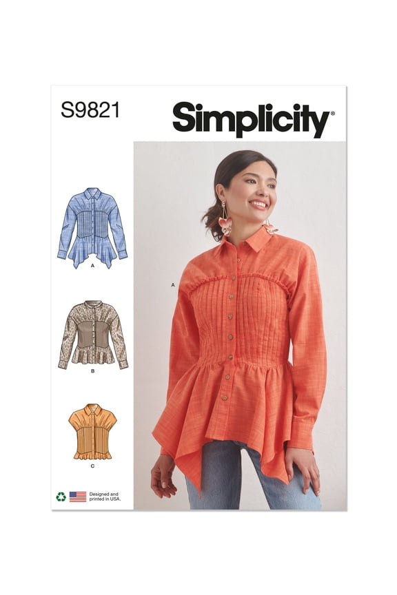 Sewing Pattern 9821 - Misses' Blouse with Collar, Sleeve and Hemline Variations, Size: H5 (6-8-10-12-14)