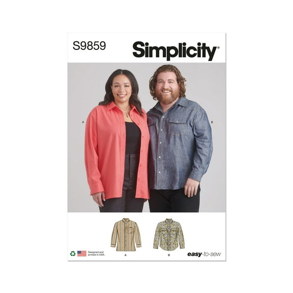 Simplicity Sewing Pattern 9859 - Plus Size Unisex Shirts, Size: AA (34-36-38-40-42-44)
