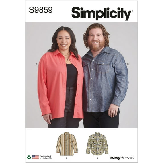 Simplicity Sewing Pattern 9859 - Plus Size Unisex Shirts, Size: BB (46-48-50-52-54-56)