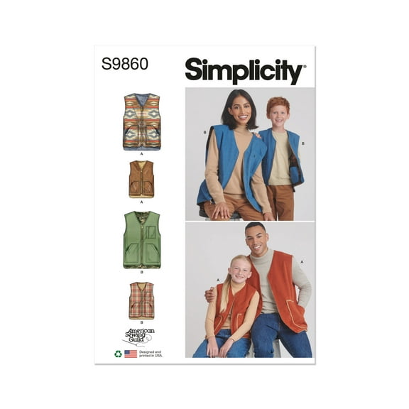 Simplicity Sewing Pattern 9860 - Children's, Teens' and Adults' Lined Vests for American Sewing Guild, Size: A (XS-L/XS-XL)