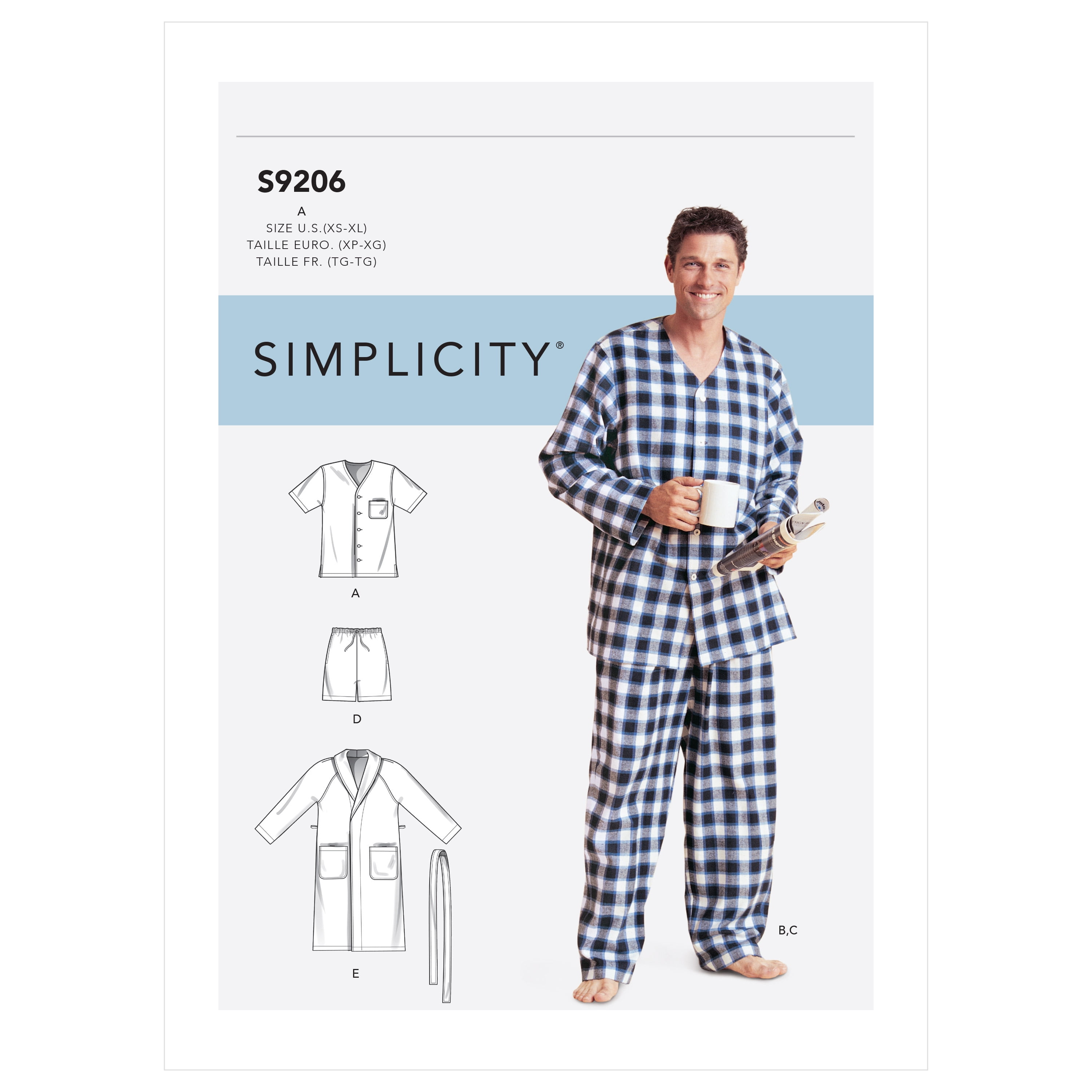 Simplicity Sewing Pattern S9206 - Men's Robe, Belt, Tops, Pants and Shorts, Size: A (XS-S-M-L-XL)