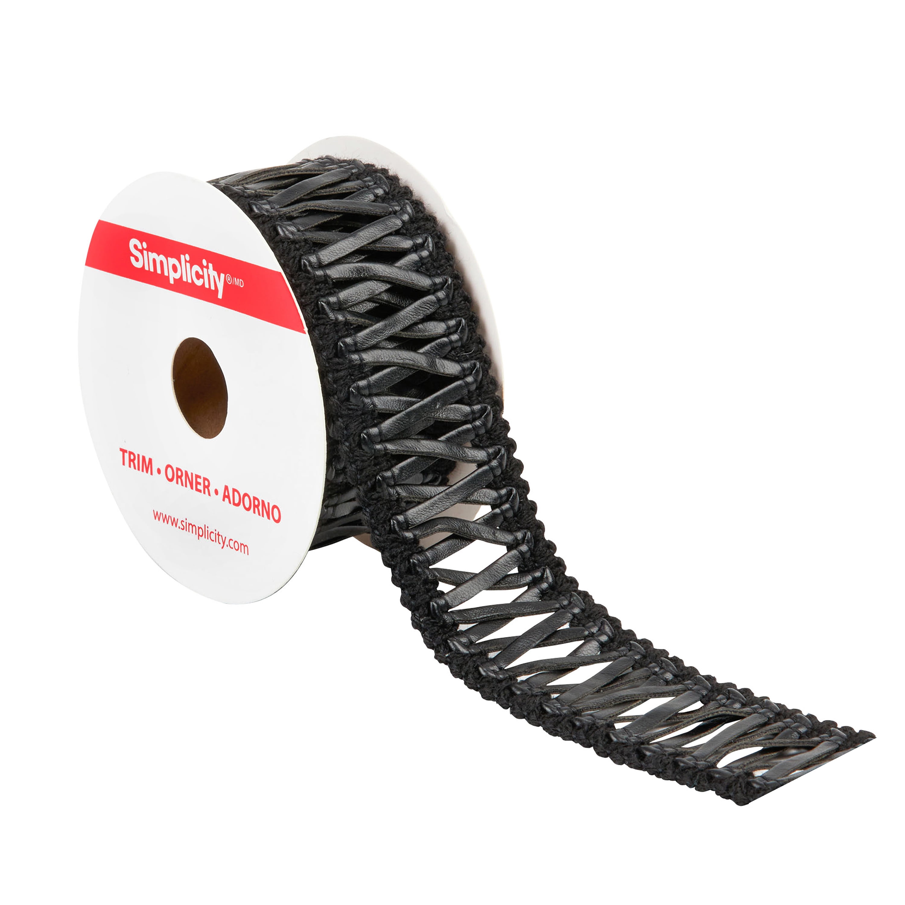 Simplicity Trim, Black 1 3/8 inch Pleather Lattice Band Trim Great for Apparel, Home Decorating, and Crafts, 2 Yards, 1 Each