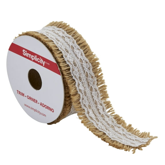 Simplicity Trim, Natural 1 1/2 inch Fray Jute with White Lace Center Trim Great for Apparel, Home Decorating, and Crafts, 3 Yards, 1 Each