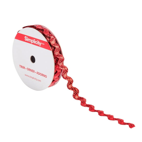 Simplicity Trim, Red 1/2 inch Metallic Ric Rac Trim Great for Apparel, Home Decorating, and Crafts, 4 Yards, 1 Each