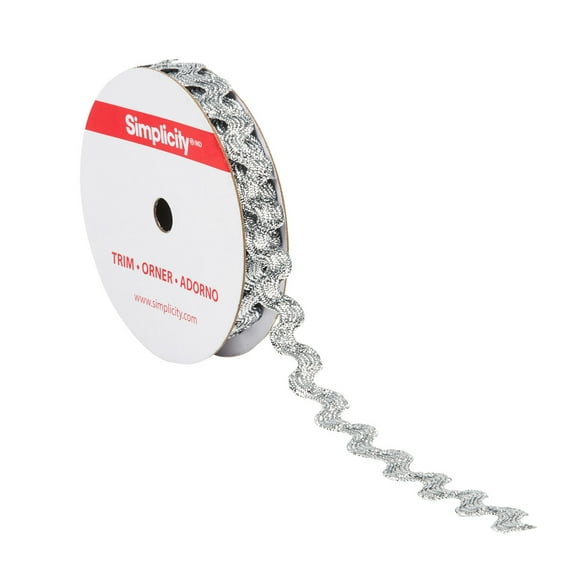 Simplicity Trim, Silver 1/2 inch Metallic Ric Rac Trim Great for Apparel, Home Decorating, and Crafts, 4 Yards, 1 Each