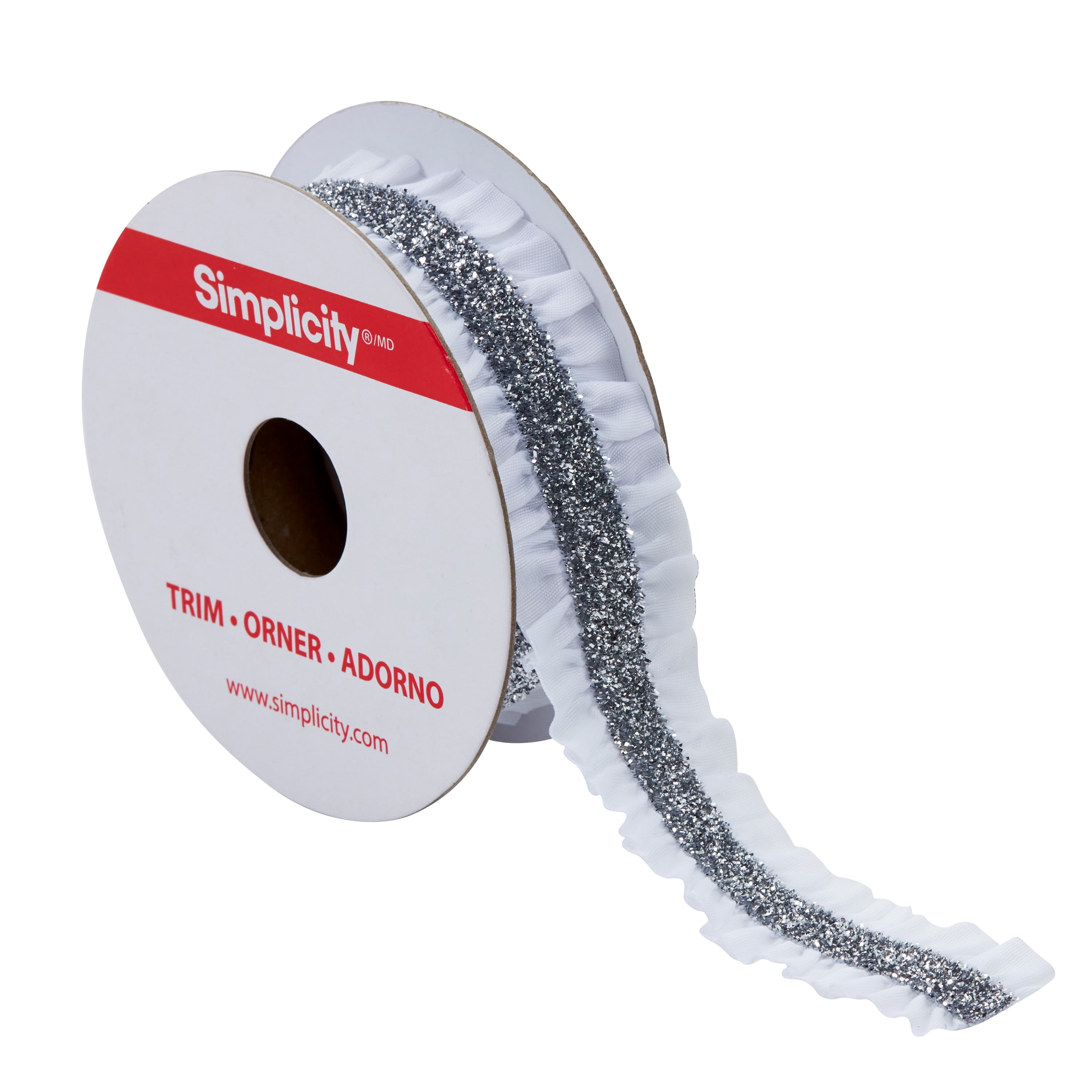 Simplicity Trim, White 1 inch Stretch Ruffle with Metallic Center Trim ...
