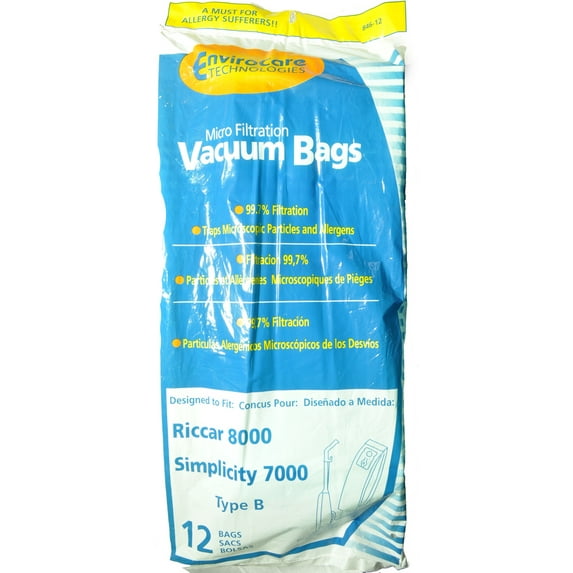 Simplicity Type B Upright Right Vacuum Cleaner Bags, EnviroCare Replacement Brand, designed to fit Simplicity 7000 Series Upright Vacuum Cleaners, 99.7 Microfiltration, 12 bags in pack