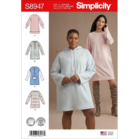 Simplicity US8947A Womens Knit Sweatshirt Mini Dresses, Size A