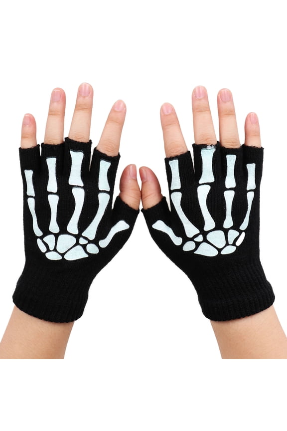 Unisex Half Finger Skeleton Pattern Glow in the Dark Knit Gloves