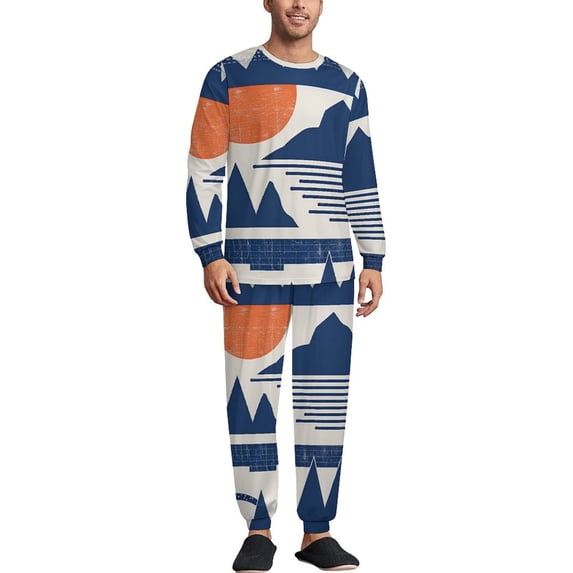 Simplicity Vintage Geometric Lake Men's Pajama Set Sleepwear Pjs Lightweight Long Sleeve Crewneck Shirts and Bottoms Soft Comfy Sleep Sets M