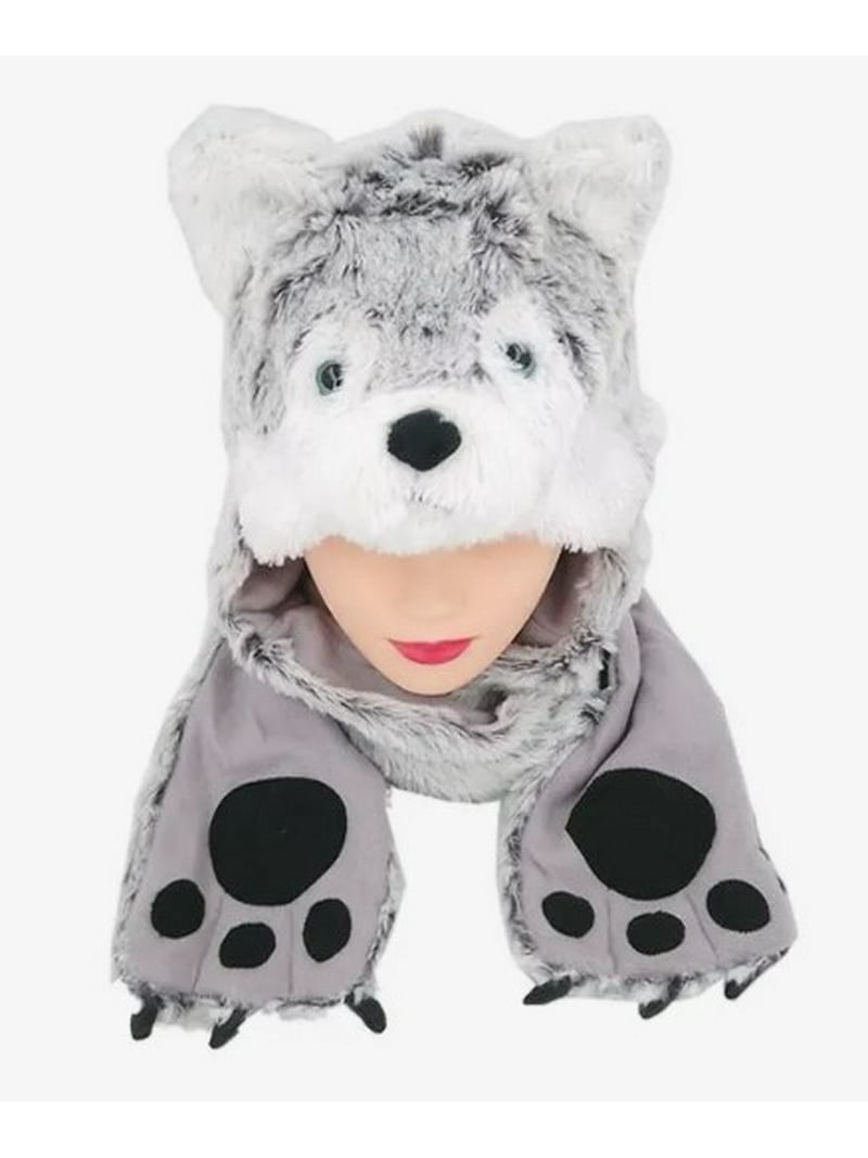 WOLF Winter Animal Hat Full Hoodie Grey Dog with Paws Scarf