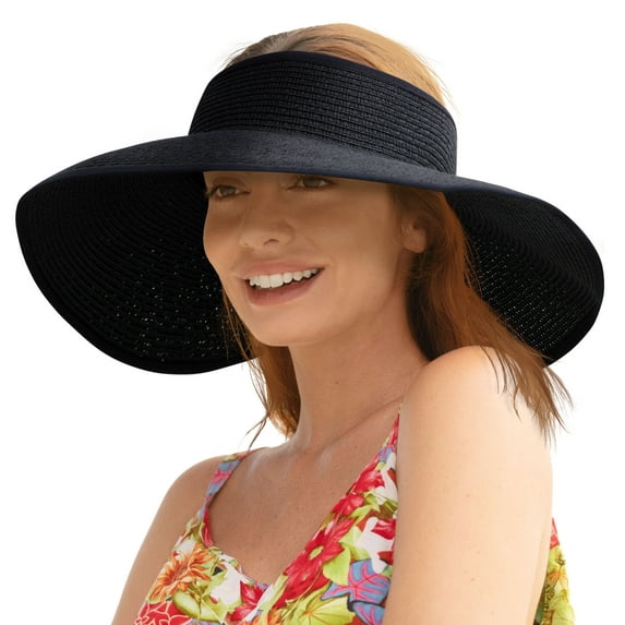 Simplicity Women's Roll Up Wide Brim Straw Sun Visor Hat Black