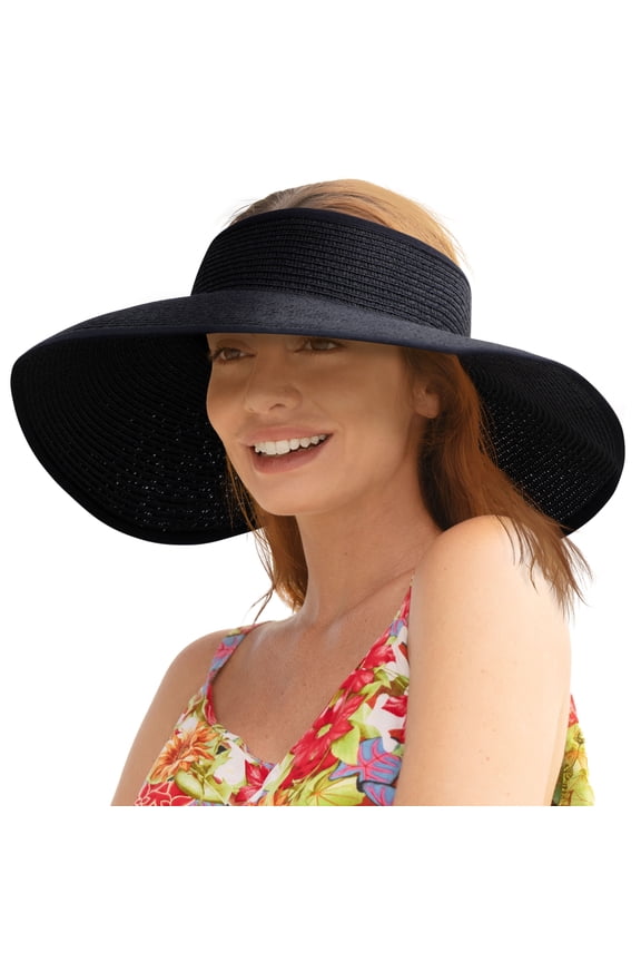 Women's Roll Up Wide Brim Straw Sun Visor Hat Black