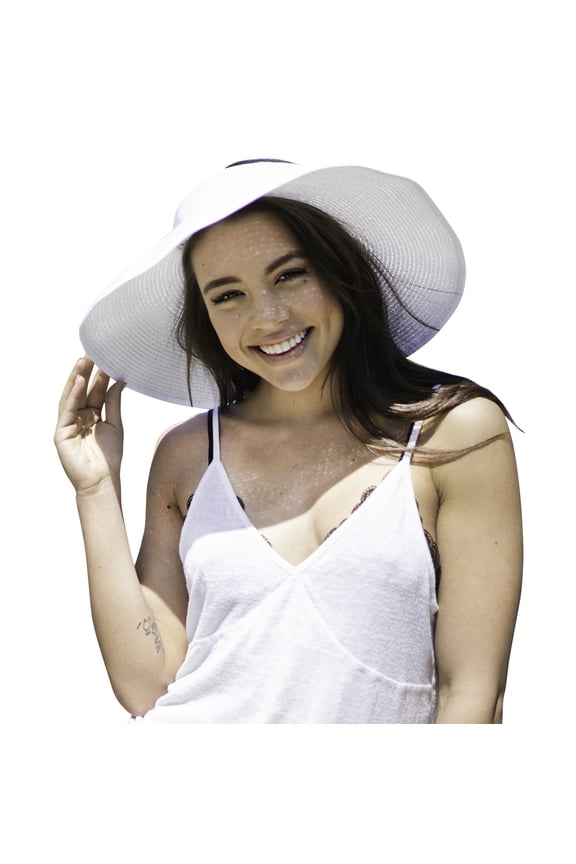 Women's Roll Up Wide Brim Straw Sun Visor Hat Ribbed_White